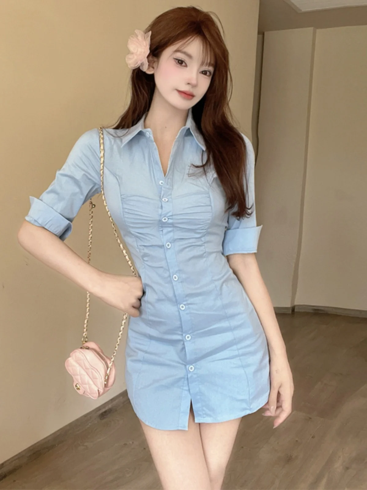 Sweet Elegant Shirt Dress Bodycon Waist Cinched Pleated A-Line Skirt Polyester Fiber mid Sleeve Single Button Closure Short D...