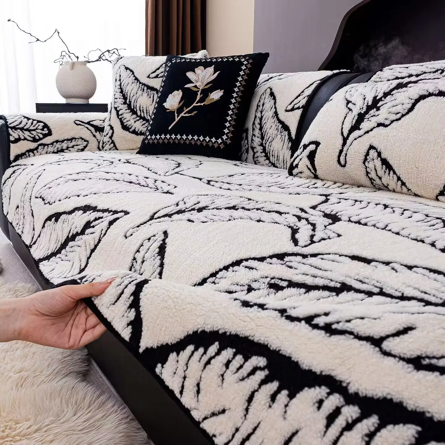 Plush Velvet Banana Leaf Sofa Cushion Non-Slip Couch L Shaped Sectional Sofa Armrest Backrest Dust Covers Seat Mats Tatami Pad