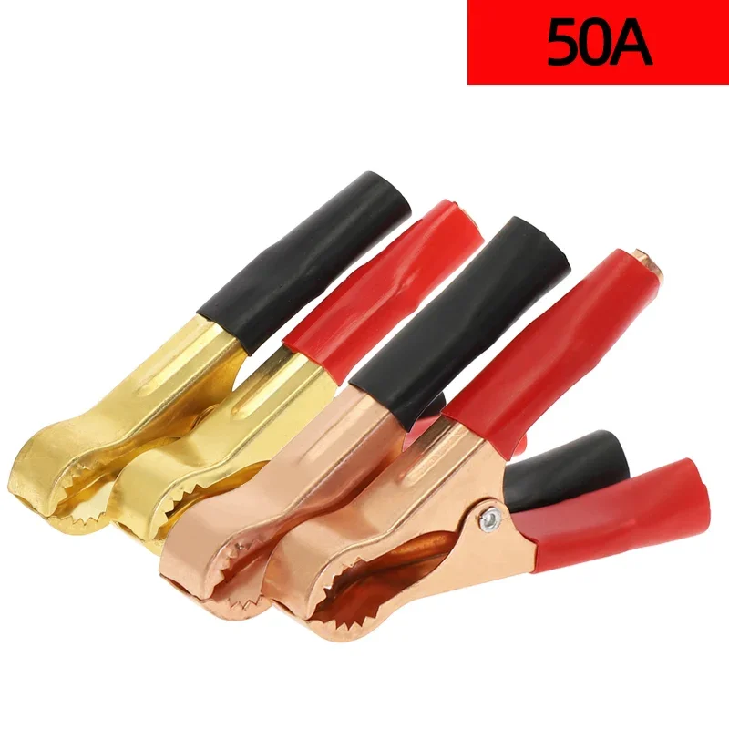 2PCS  50A red + black 80mm copper gold alligator car caravan battery test cable clip alligator clip connector plug power supply