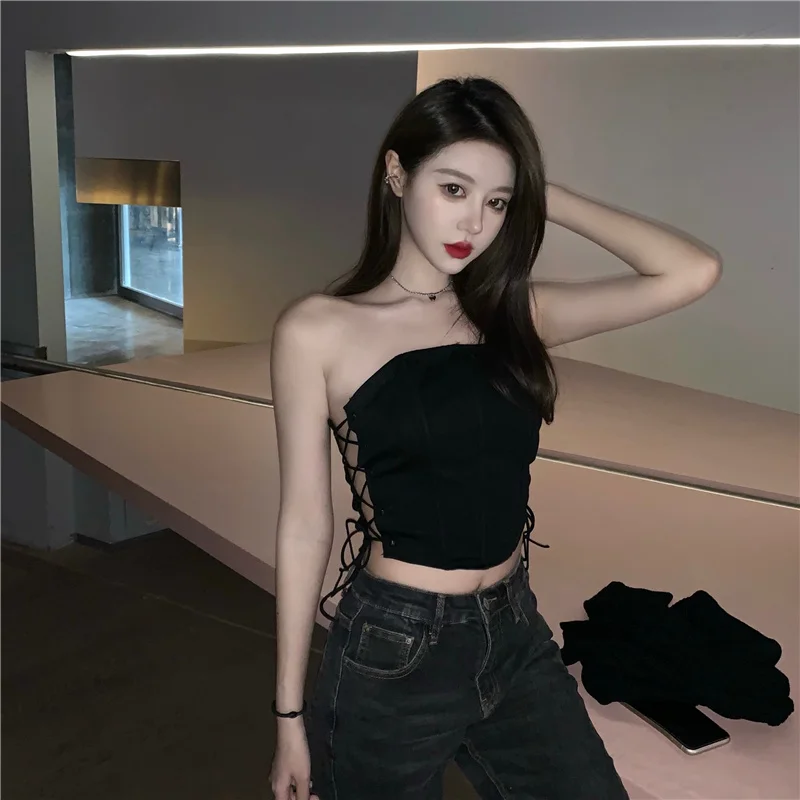 2022 Spring Fashion Women Suit Sexy Bra Drawstring Bandage Vest Top Black Knitted Cardigan Hot Girl Two-piece Set Female