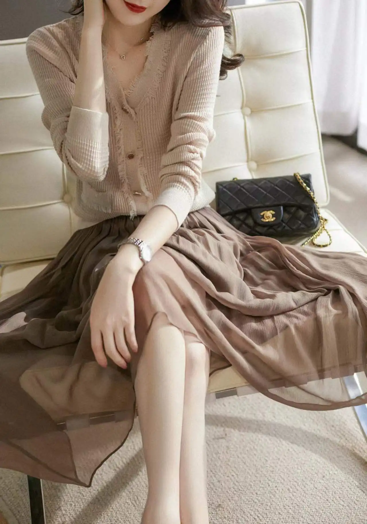 European station early autumn new V-neck fringe wool cardigan women loose and slim cashmere coat