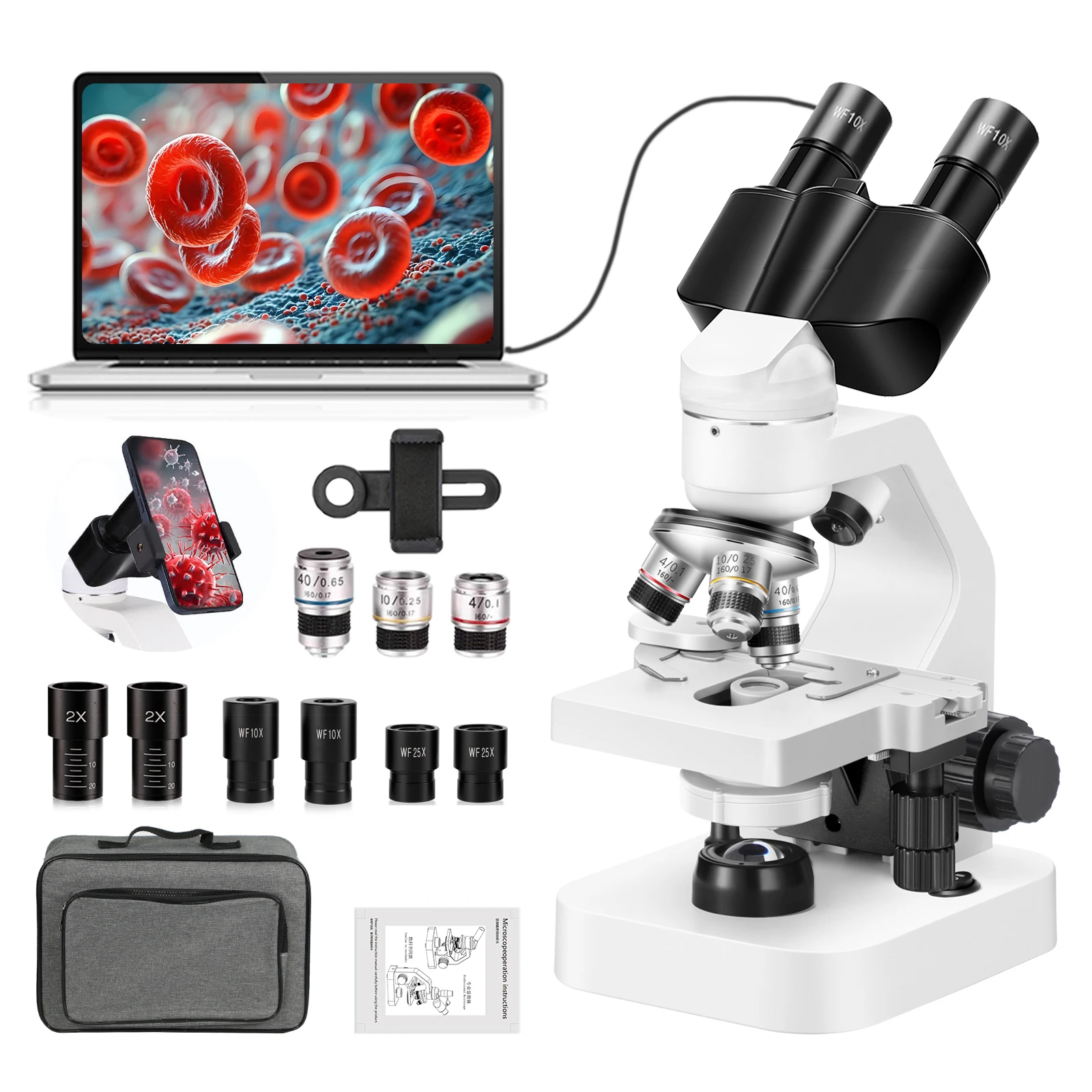 2000X ABS Binocular Microscope with Double Layer Stage, Student Biological Optical Microscope Kit with Mobile Phone Holder, Scho - view 6