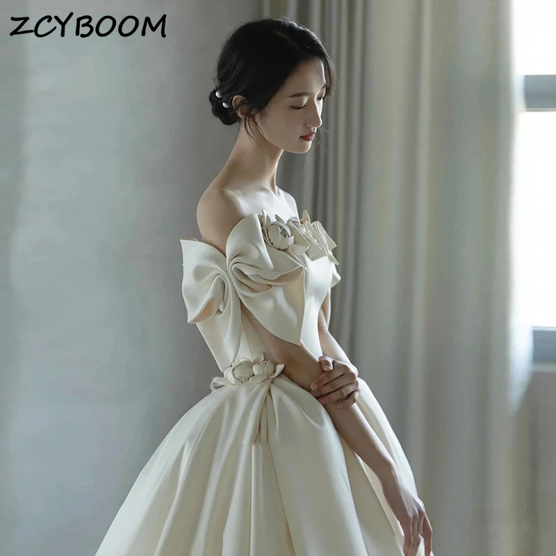 

Elegant Bow Shaped Sleeves Strapless Satin Ball Gown Wedding Dresses For Women 2024 Sweep Train Bridal Gowns Vestidos De Novia