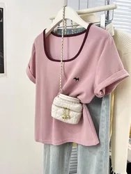 Short sleeve is shoulder T-shirt female summer 2024 new color side collar show thin design sense of minority western style colla