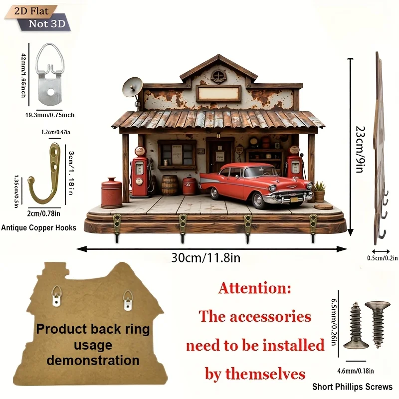 2D Flat. 1pc. Vintage Gas Station Key Hook - Wooden Multifunctional Decorative Key Rack, with four metal hooks, wall decor,