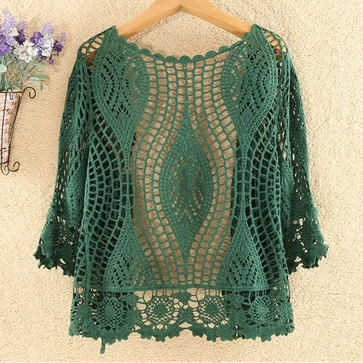 2024 New Women Flare Long Sleeve Shrug Cardigan Hollow Out Crochet Knitted Open Front Sheer Lace Cover Up Sweater Loose Outwear