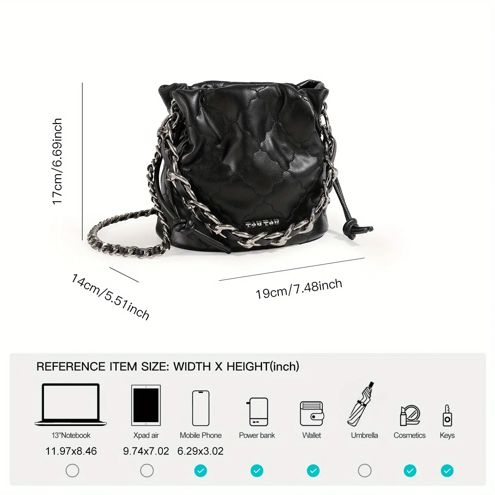 TOUTOU Women Bucket Bag Adjustable Strap Leather Texture Handbag Embroidery Line Hundred Chain Commuter Small Shoulder Bag