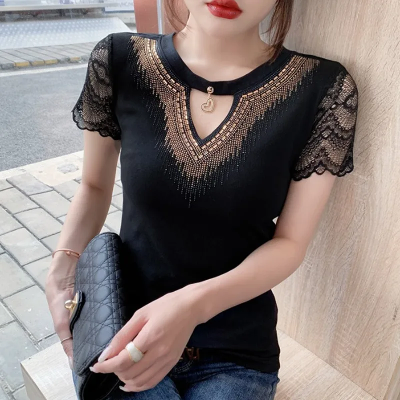 #7107 Sexy Women\'s T-shirt Hollow Out O-neck Spliced Lace Short Sleeve T-shirts Diamonds Korean Fashion Women\'s Tee Shirt Summer