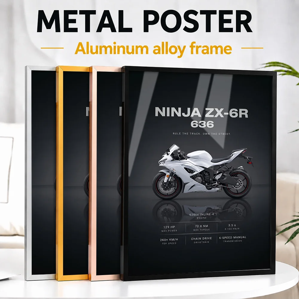 White Japanese Ninja ZX-6R 636 Motorcycle Framed Metal Poster Personalized Studio Graphic Wall Art For Living Room Or Workshop