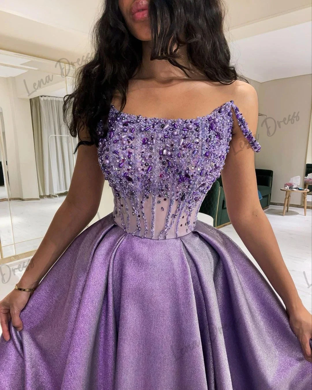 Lena-2024 Square neckline thin shoulder strap ball dress pearl sequin formal evening dress occasion dress Robe De Soiree