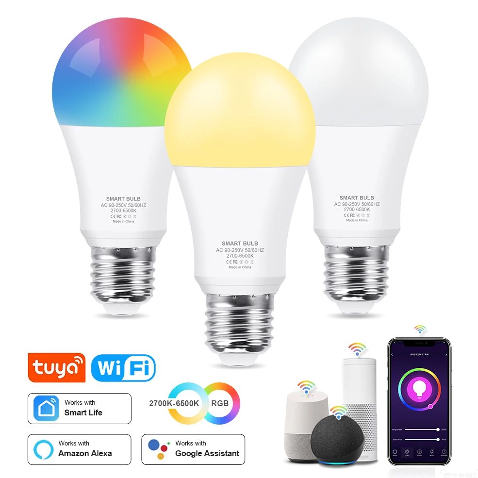 COOLO Tuya 15W 18W WiFi Smart Light Bulb E27 RGB LED Lamp Intelligent Dimmable Warm White Lamp Google Home Alexa Voice Control