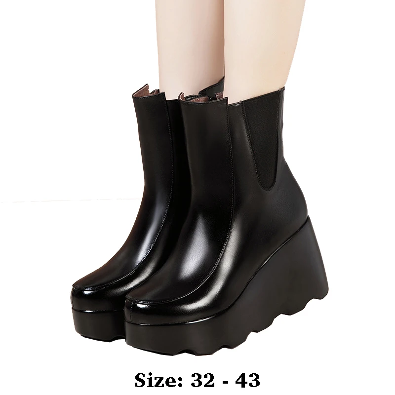 

High quality short ankle wedge leather boots for women 8cm high heel platform 32 33 34 autumn winter fashion elegant shoe black