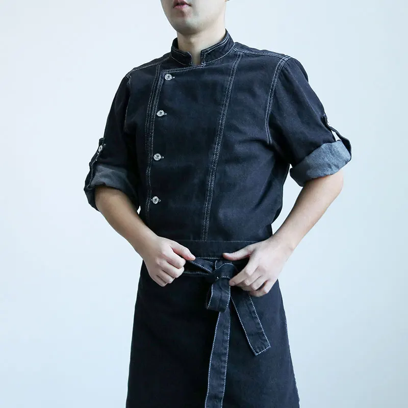 高級デニムシェフユニフォーム長袖キッチン作業服男性用ホテルレストランバックキッチンスタッフ服秋冬