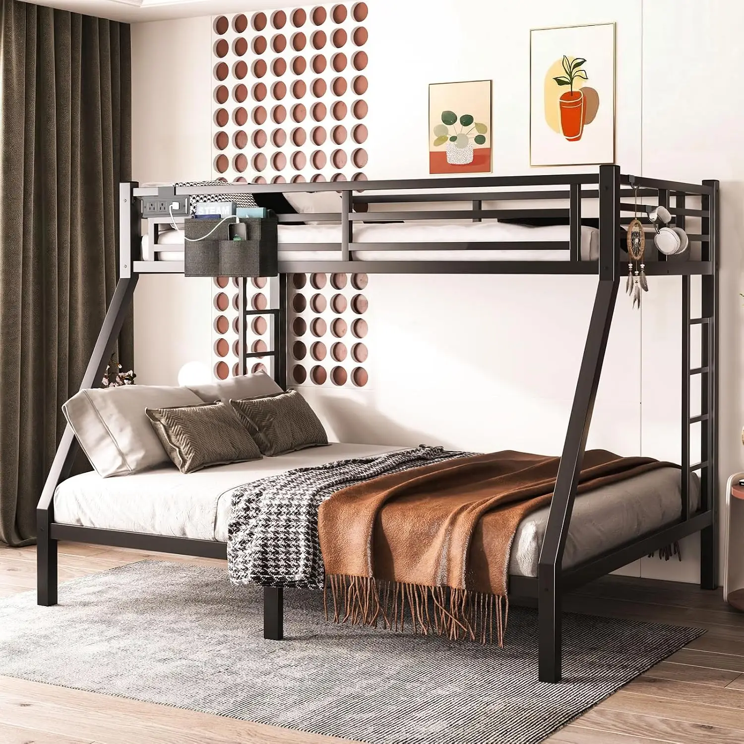 Twin XL Over Queen Bunk Bed Heavy Duty Metal for Adults & Teens 350/600LB w/Ladder & Guardrail Slats No Box Spring, Customized