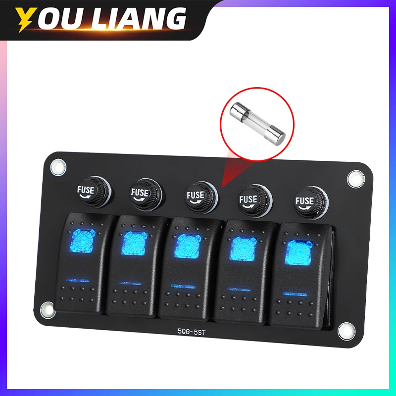 5 Gang Rocker Switch Panel Pre-Wired With  Fuse Holder Fast Blow Glass Fuse kit IP65 Waterproof 12-24V for Marine Boat Car Truck