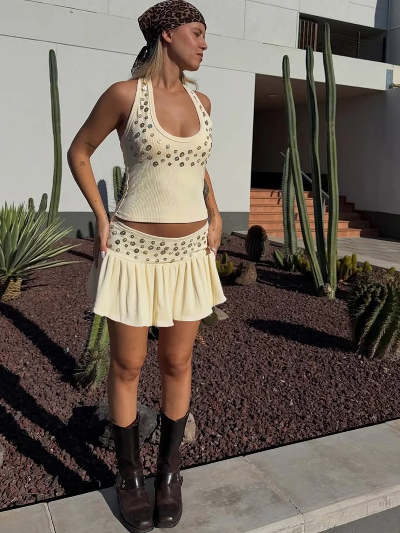 Set Casual da Donna WEIRD PUSS Blue Ocean Dr, Design con Bottoni, Gilet e Gonna a Vita Alta