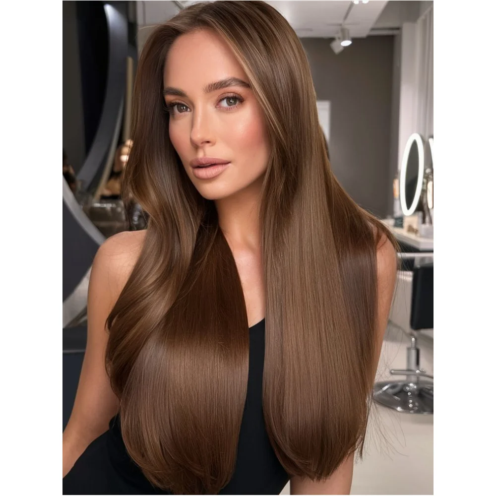 

Мягкий коричневый мягкий предварительно сорванный 26-дюймовый длинный прямой парик фронта шнурка плотности 180 синтетический для женщин термостойкий бесклеевой парик