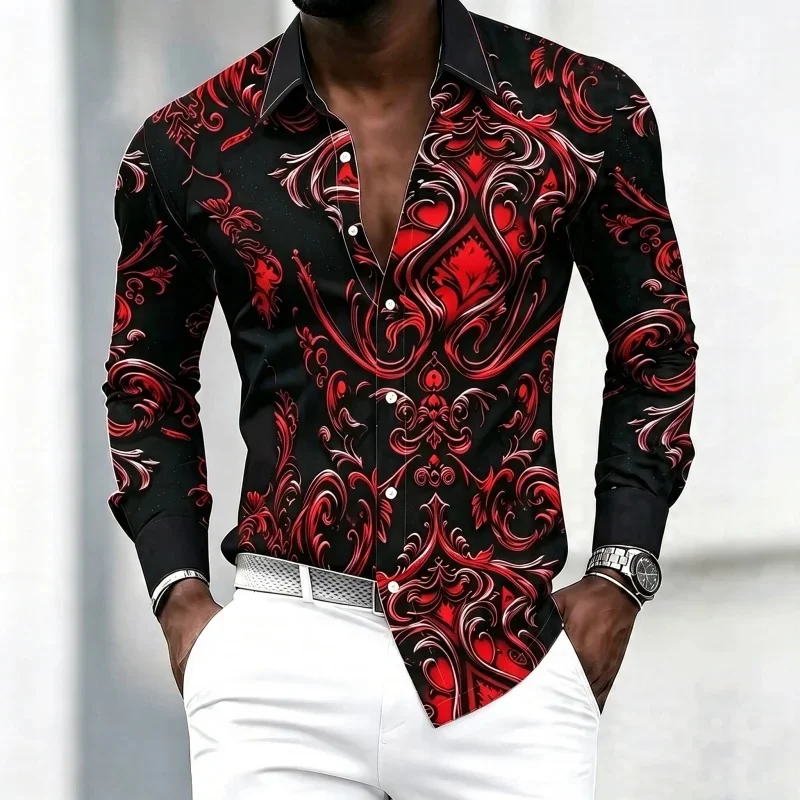 Men's shirt, black and red Baroque printed long sleeved shirt, retro patterned lapel casual shirt, versatile banquet top