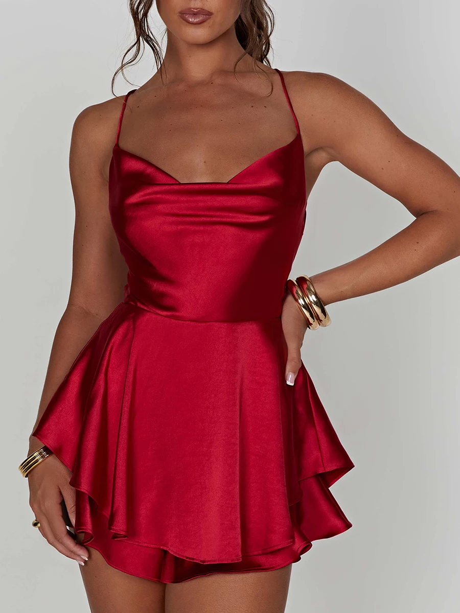 ผู้หญิงสีทึบ Cami Playsuits คอสั้น Jumpsuits ฤดูร้อน CROSS Tie-Up Backless Romper Clubwear