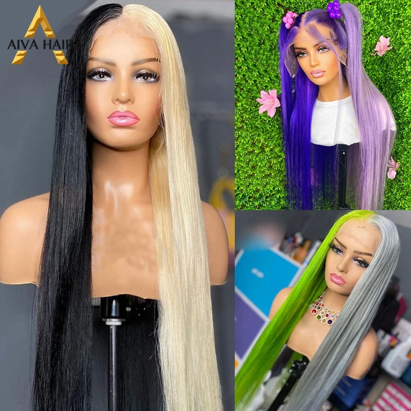 Blonde Purple Synthetic 30Inch 13X4 Lace Front Wig Straight Transparent Green White Color Drag Queen Wigs For Black Women 180%