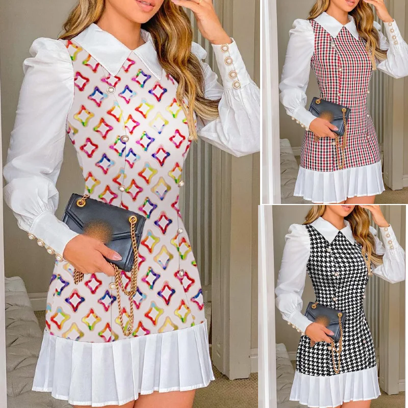 

Autumn Slim Fragrant Style Patchwork Mini Dress A-line Skirt Women Office Lady OL Plaid Print Dresses Workwear Vestido Blanco