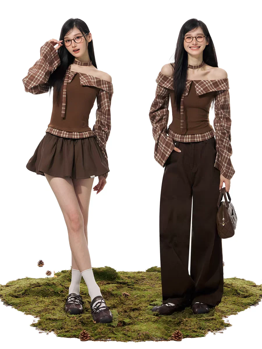Autume Gothic Vintage Elegant 2 Piece Sets Women Y2k Slash Neck Design Blouse + Chic Skirt Female Plaid Korean Popular Clothes image 6