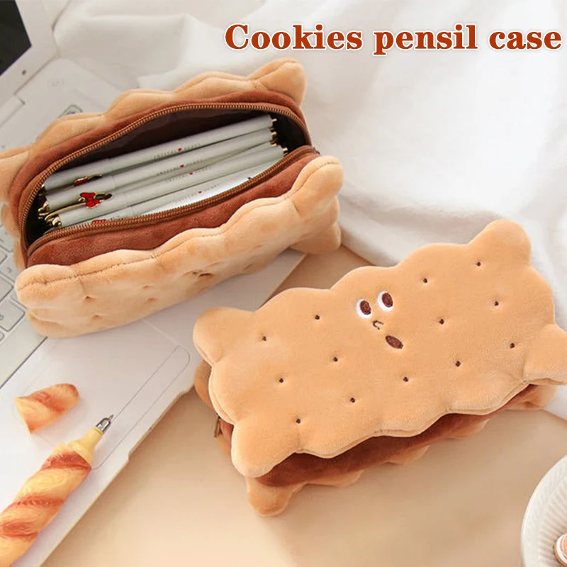 High Capacity Pen Bags Kawaii Pencil Caes Plush Cookies Cute Cartoon Brown Pen Box for Girls 0ffice School Supplies Stationary