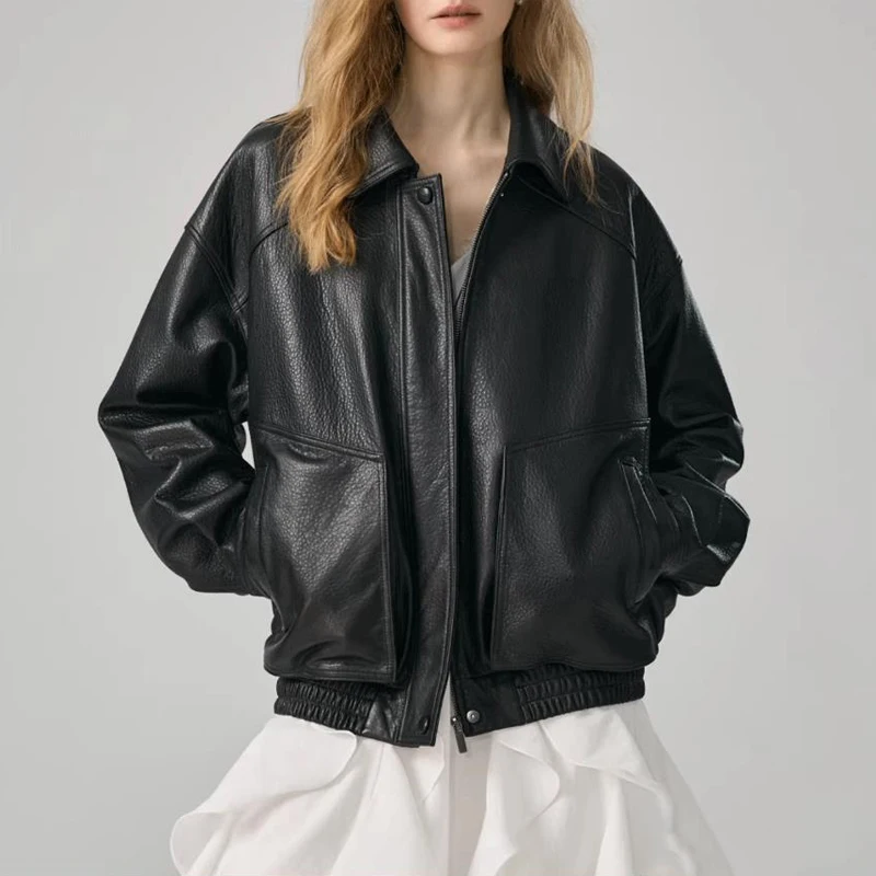 Fashion Lychee‑Grain Women's Real Sheepskin Leather Jacket Oversized Silhouette Zipper Leather Coat Casual Black Leather Jacket