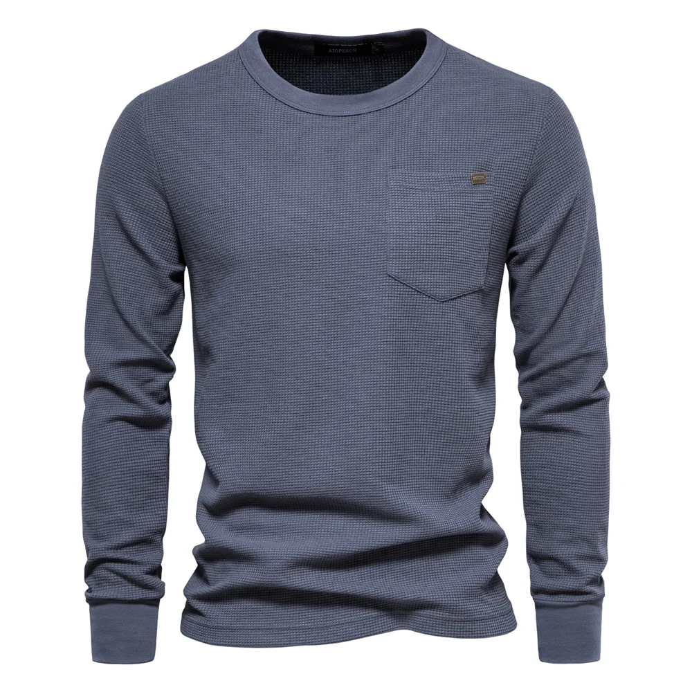 AIOPESON Waffel Baumwolle Einfarbig Männer T-shirts Einzelne Tasche Langarm T-shirts für Männer Neue Frühling Grundlegende Atmungsaktive Tops Männer
