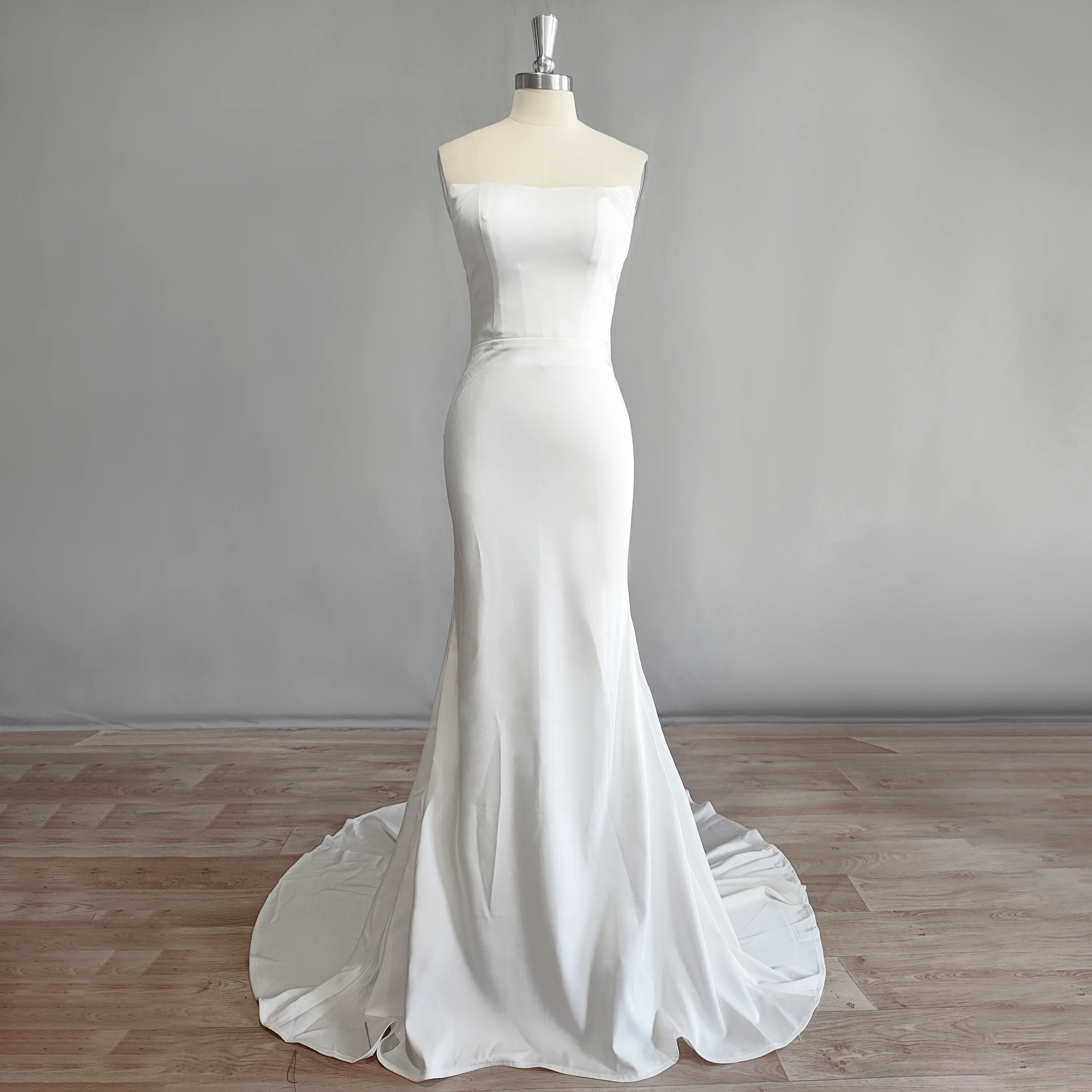 

DIDEYTTAWL Actual Picture Simple Crepe Strapless Mermaid Wedding Dress For Women Plain Sleeveless Sweep Train Bridal Gown