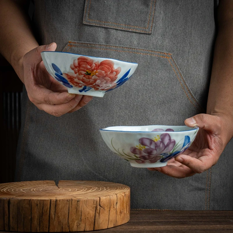 

Household 6.5-inch Hand-molded Bowl with Underglaze Enamel, A Retro and Creative Home Salad Bowl and Rice Bowl Made By Hand