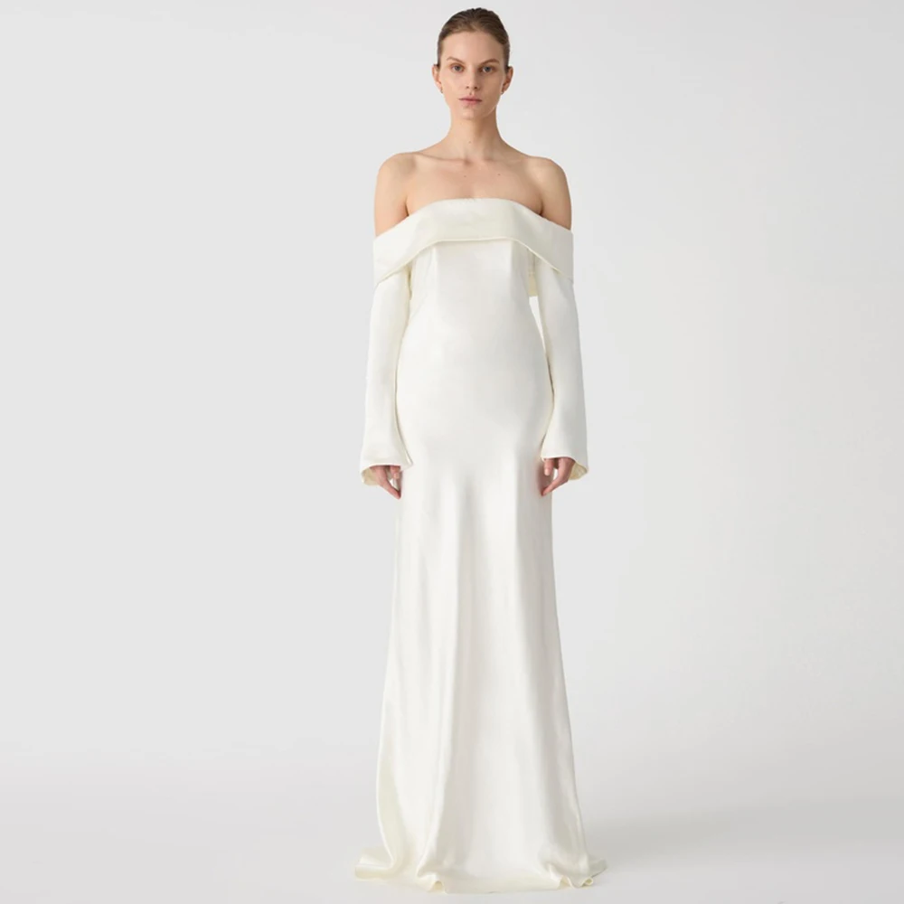 Formal Civil Wedding Dresses White Satin Ruched Elegant Party Dresses Woman Straight Off-the-shoulder 2024 Bride Gowns for Women