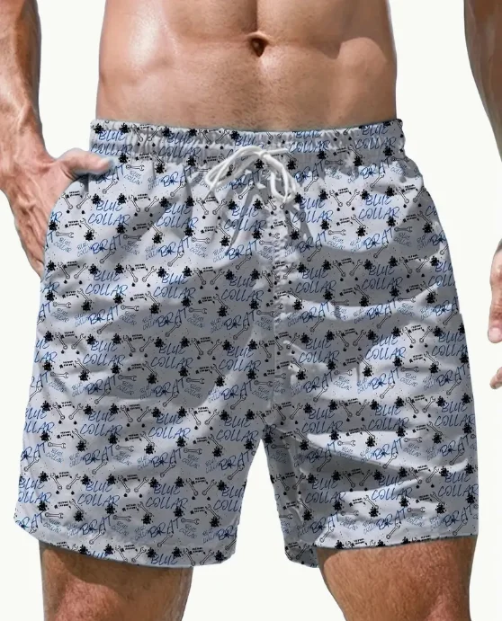 Shorts com estampa de folhas masculinas com bolsos, shorts casual com cordão para praia, verão, natação, surf, nova moda