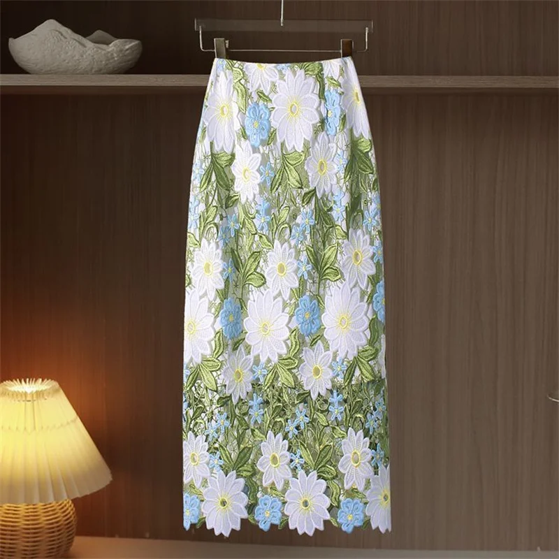 Spring Summer Hook Flower Hollow Water Soluble Lace Wrap Hip Skirt For Women High End Long Heavy Duty Flower Embroidered Skirts