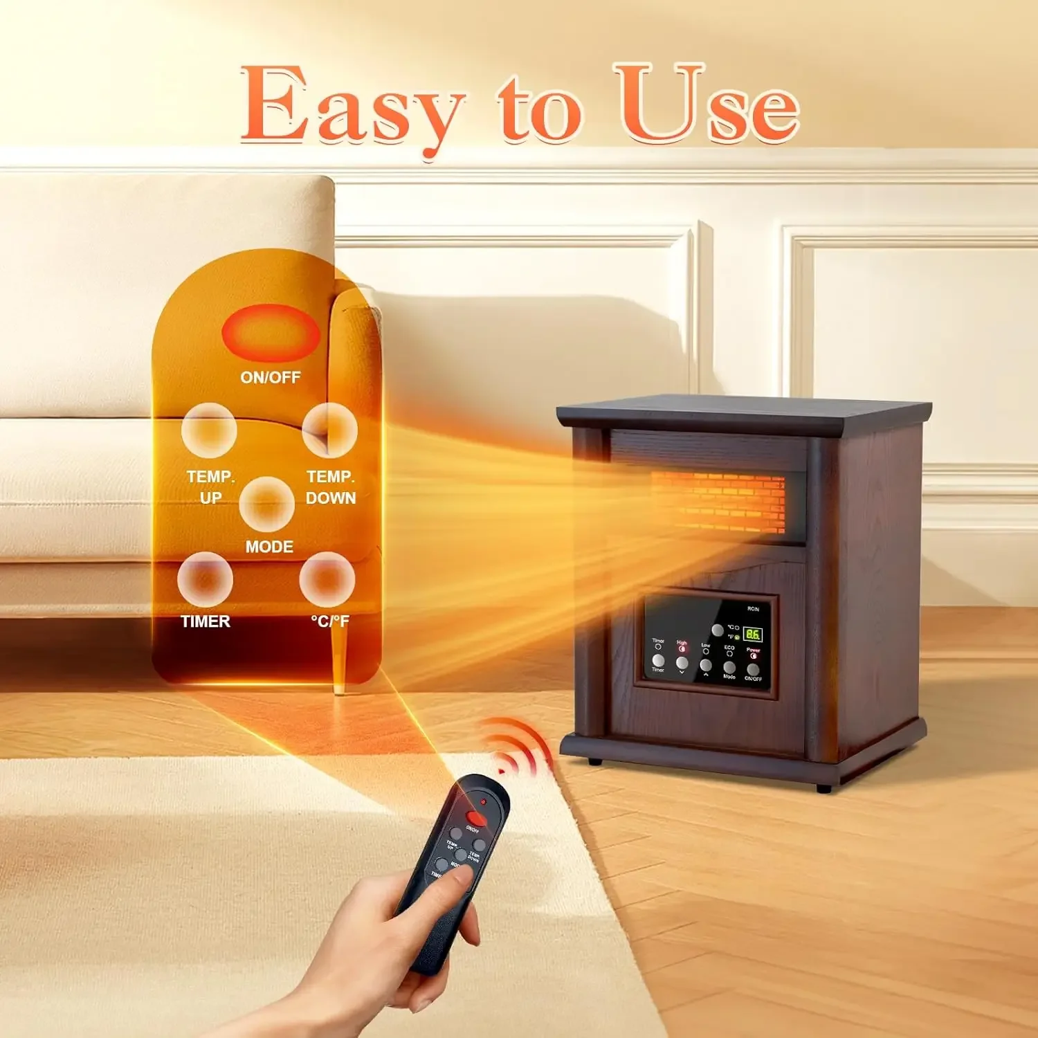 Infrared Space Heater, Quartz Heater for Indoor Use, Tip-Over & Overheat Protection with Remote Control, 3 Heat Settings, 12H Ti