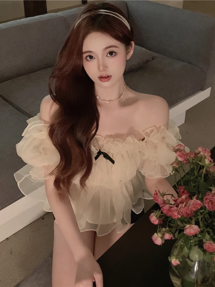 

Blouses Women Lovely Students Solid Trendy BF All-match Summer Slim Korean Style Streetwear College Lady Puff Sleeve Slash Neck