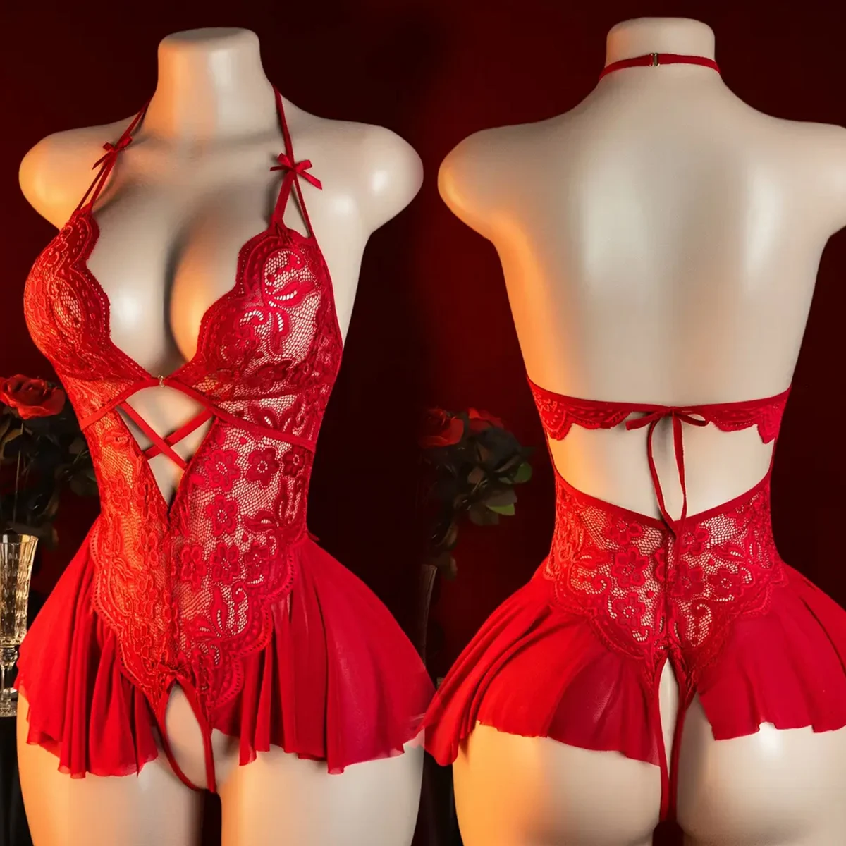 Vermelho feminino aberto bodysuit crotchless sexy tentação adulto lingerie erótica pijamas rendas trajes sexuais profundo decote em v roupa interior quente