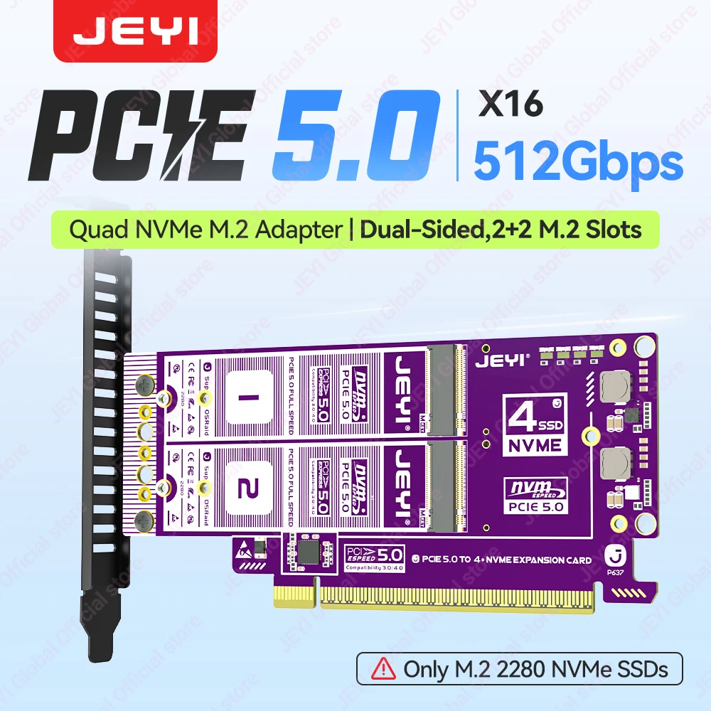 

JEYI PCIe 5.0 X16 Quad M.2 Expansion Card 512Gbps Support RAID Dual-Sided Slot Adapter Card 8TB per SSD Compatible PCIe 4.0/3.0