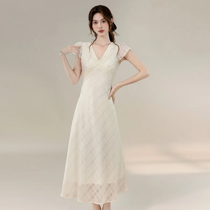 French Minimalist Cream Beige V-neck Lace Trim Maxi Dress Women Ruffled Short Sleeve Textured Fabric Flowy Casual Summer Dress