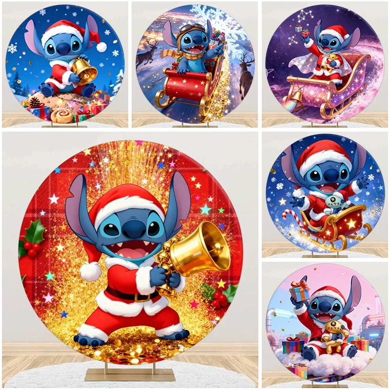 

Baby Stitch Round Background Disney Christmas Cartoon Kids Birthday Party Decor Baby Shower Aladdin Round Photography Backdrop