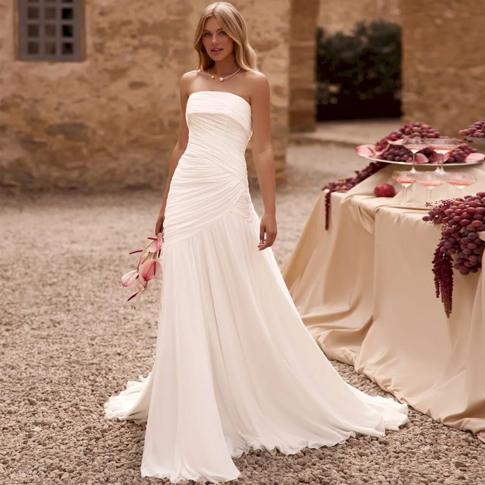 Modern Chiffon Ruched Vestido De Novia Fashion Pleats Wedding Dress Temperament Sleeveless Strapless Customized Robe de mariée