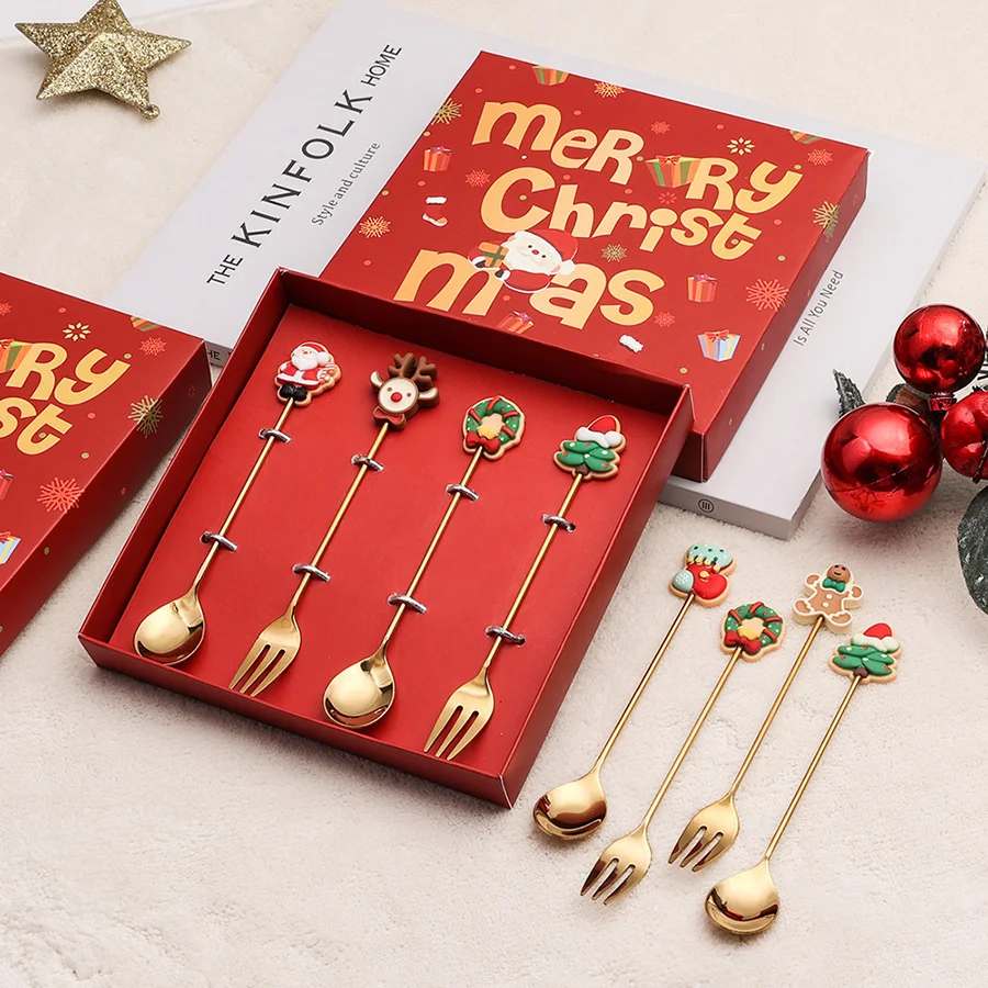 

4 шт., набор рождественских вилок для кофейной ложек из нержавеющей стали с изысканной бумажной коробкой, золотая посуда из нержавеющей стали для рождественского ужина