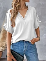 Tops de verano para mujer, camisetas informales elegantes con pétalos de manga corta y cuello en V, blusas tipo túnica a la moda, camisetas bonitas, ropa 2025