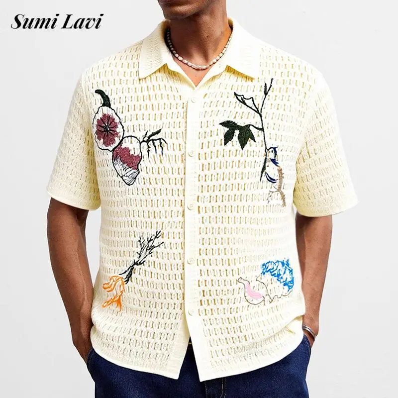 

2025 Summer New Fashion Men's Knit Shirts Short Sleeve Buttoned Lapel Cardigan Tops Men Vintage Embroidery Crochet Knitted Shirt