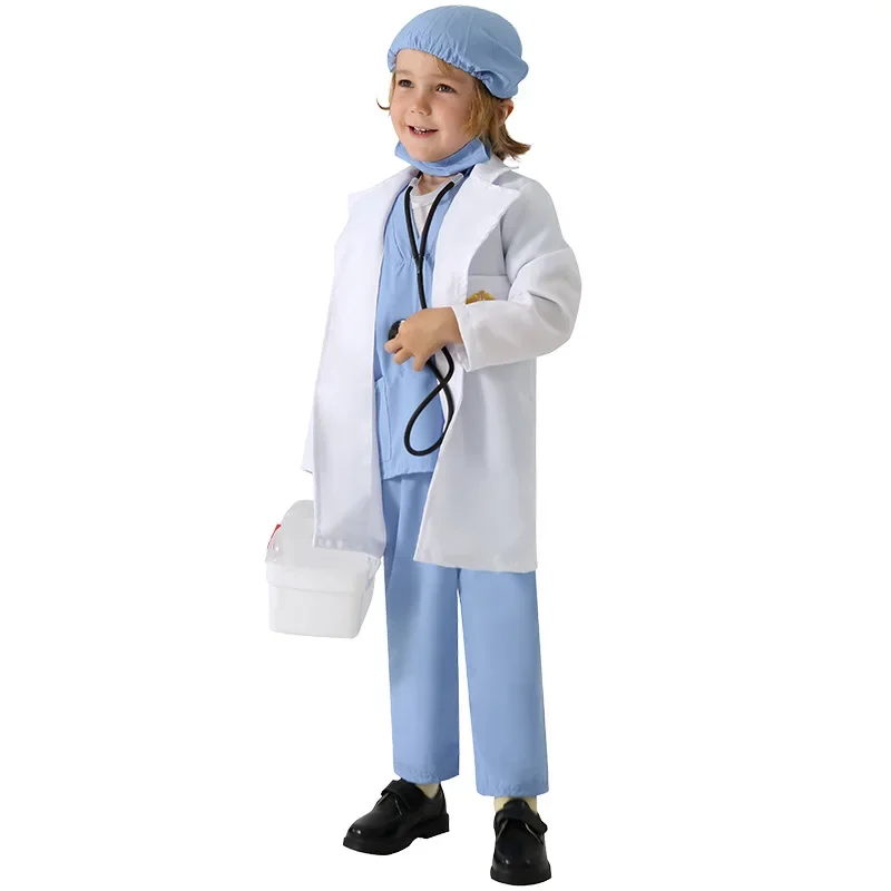 Unisex Kids Doctor Nurse Costume Children Surgeon Uniform Coat Halloween Cosplay Clothing Fancy Party Doctor Gown Role Play