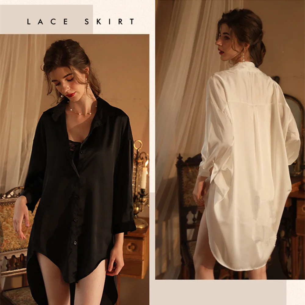 

Women's Sleepwear Fashion Perspective Shirt Ladies Sexy Sleepwear Night Gown Solid Color Sheer Pajamas Adult Female Dress Set
