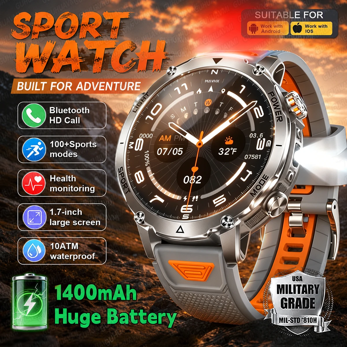 

2026New 1400mAh Battery Sports Smart Watch SOS Red light flicker 10ATM Waterproof Bluetooth Call Heart Rate 100+Sports modes Men