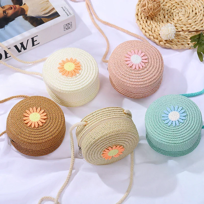 Round Straw Bag Women Woven Crossbody  For Ladies Cute Rattan Handmade Knitted Shoulder Bag Candy Color Small Handbag