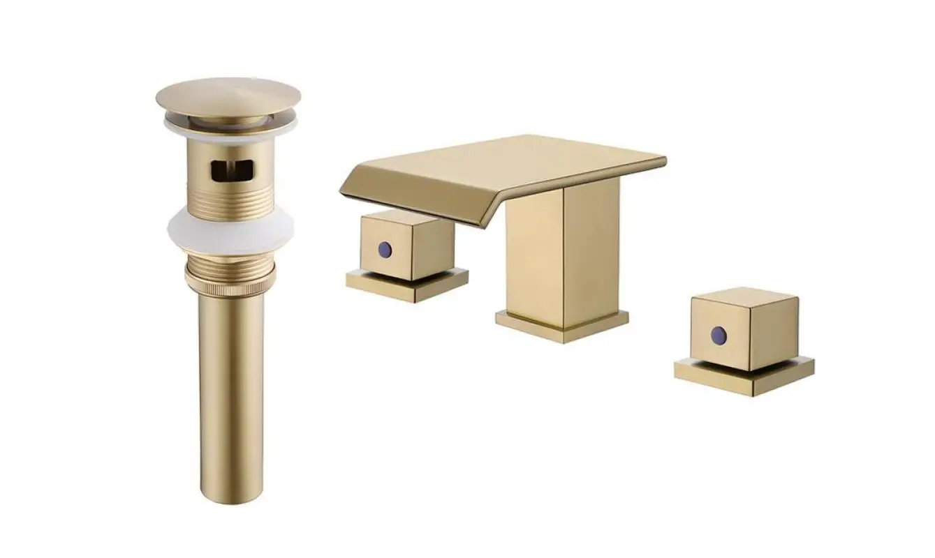 صنبور الحمام النحاسي الفاخر مع تصميم الذهب المصقول شلال بالوعة الحمام صنبور مع 2 خراطيم التوريد 3 حفرة نحى النيكل #2