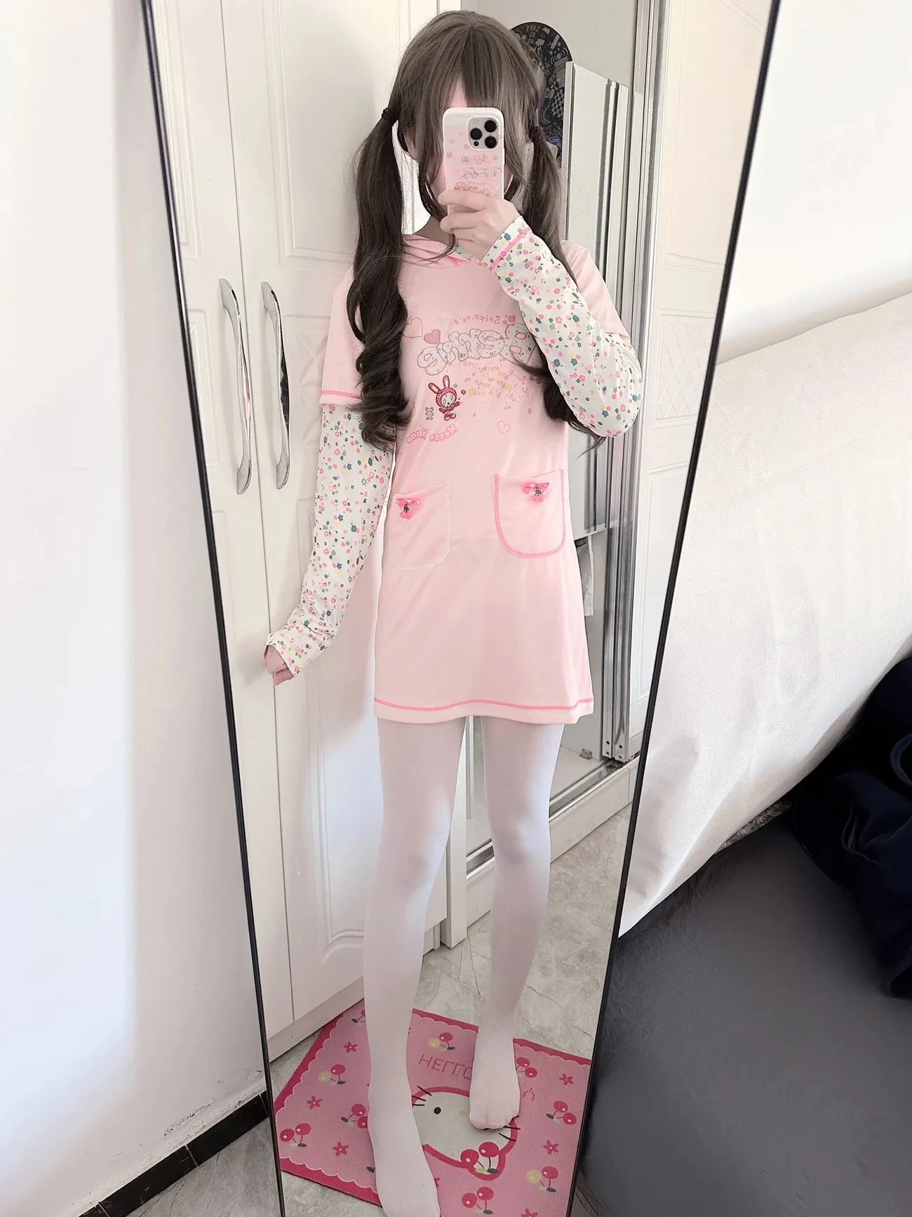 Japanese Sweet T-shirt Sweater Cartoon Print Long-Sleeve Top Fake Two-piece Tees Women Casual Harajuku Spring Summer Tops
